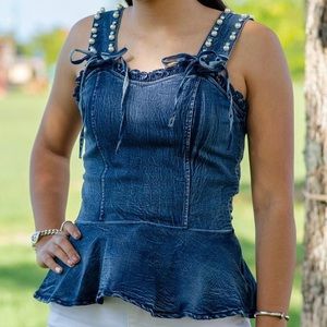Dark Denim Sleeveless peplum top Embellished/ Blusa Con Piedreria